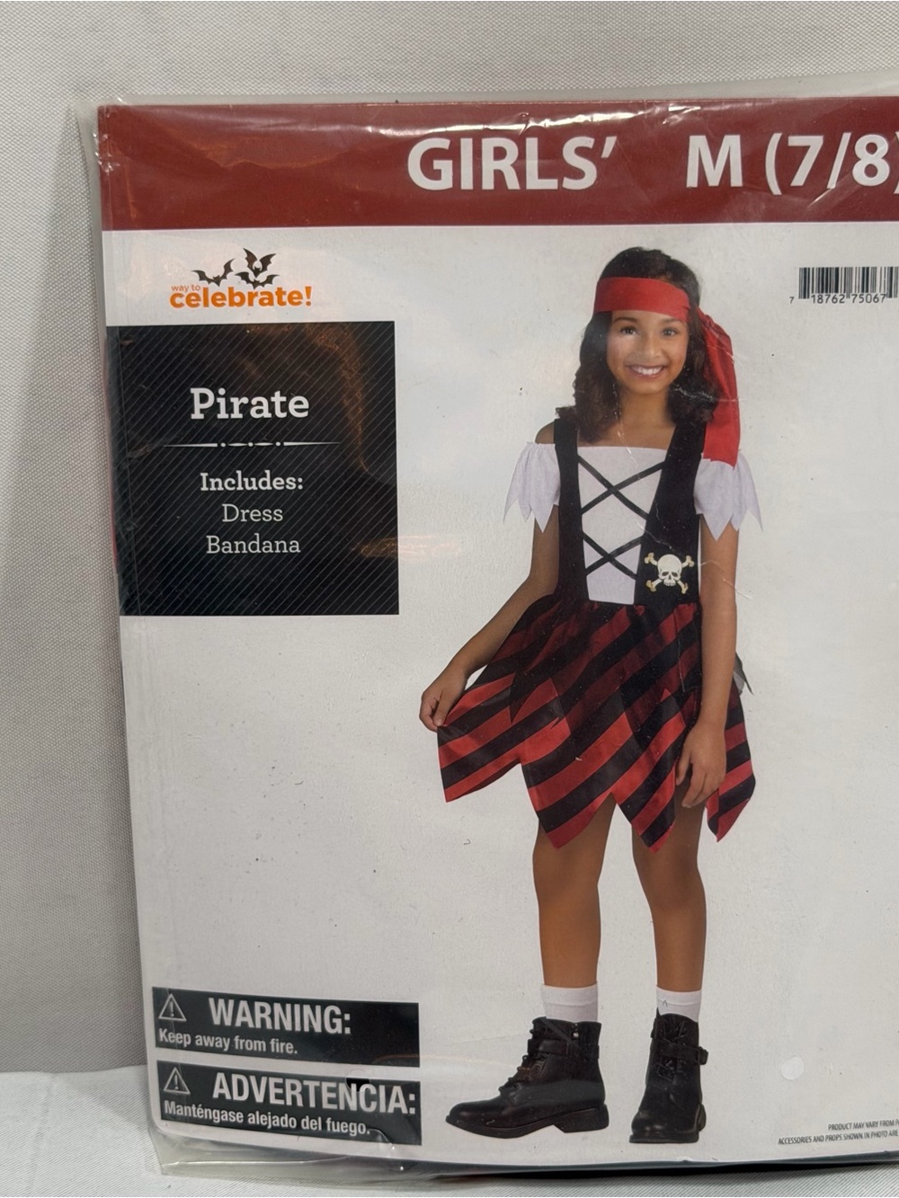 Girls Medium Halloween Pirate Costume 7/8 Dress And Red Black Pretend Play